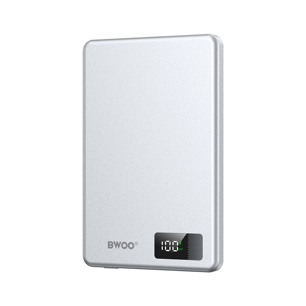 BWOO aluminium magnetic išorinė baterija P75 PD 20W 5000 mAh with digital display and USB-C port sidabrinis