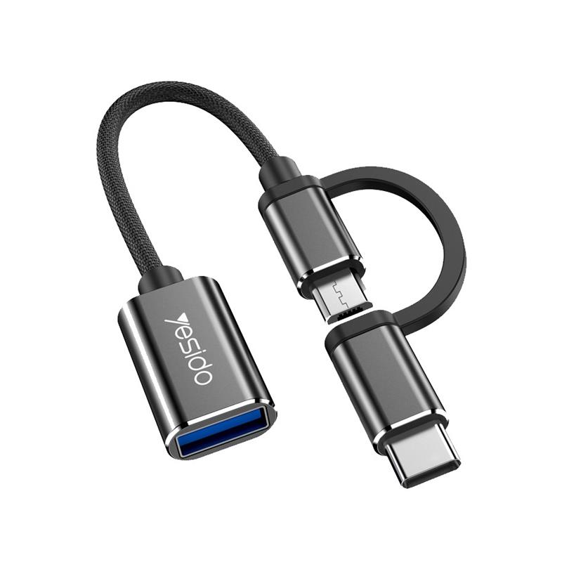 YESIDO ADAPTER OTG GS02 2IN1 TYPE-C/MICRO MALE - USB FEMALE 10CM juodas
