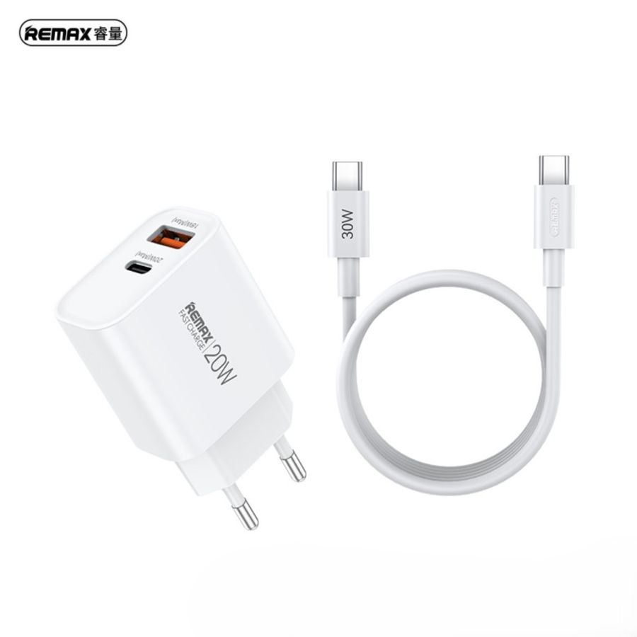 REMAX WALL ĮKROVIKLIS LAIDAS RINKINYS 20W RP-U120 USB/USB-C + USB-C TO USB-C LAIDAS baltas