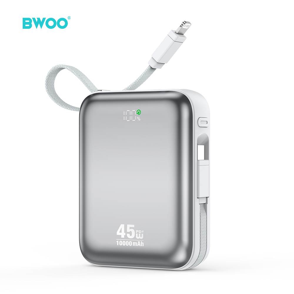 BWOO išorinė baterija P77 45W, 10000 mAh with USB-C and Lightning laidas, pilkas