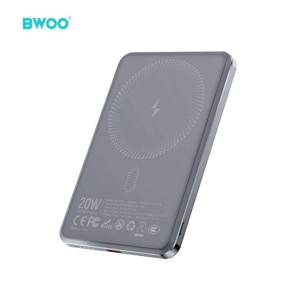 BWOO Ultra Slim Išorinė baterija 5000mAh with magnetic charging P79 pilkas