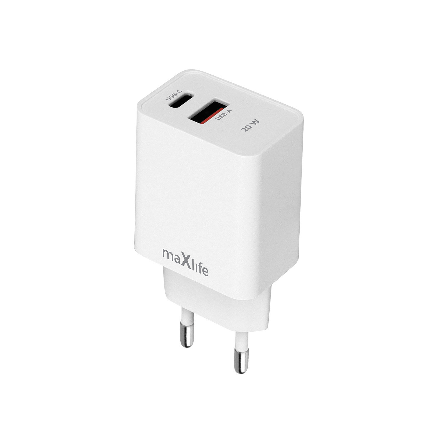 Maxlife MXTC-13-20AC PD QC įkroviklis 1x USB-C 1x USB 20W baltas