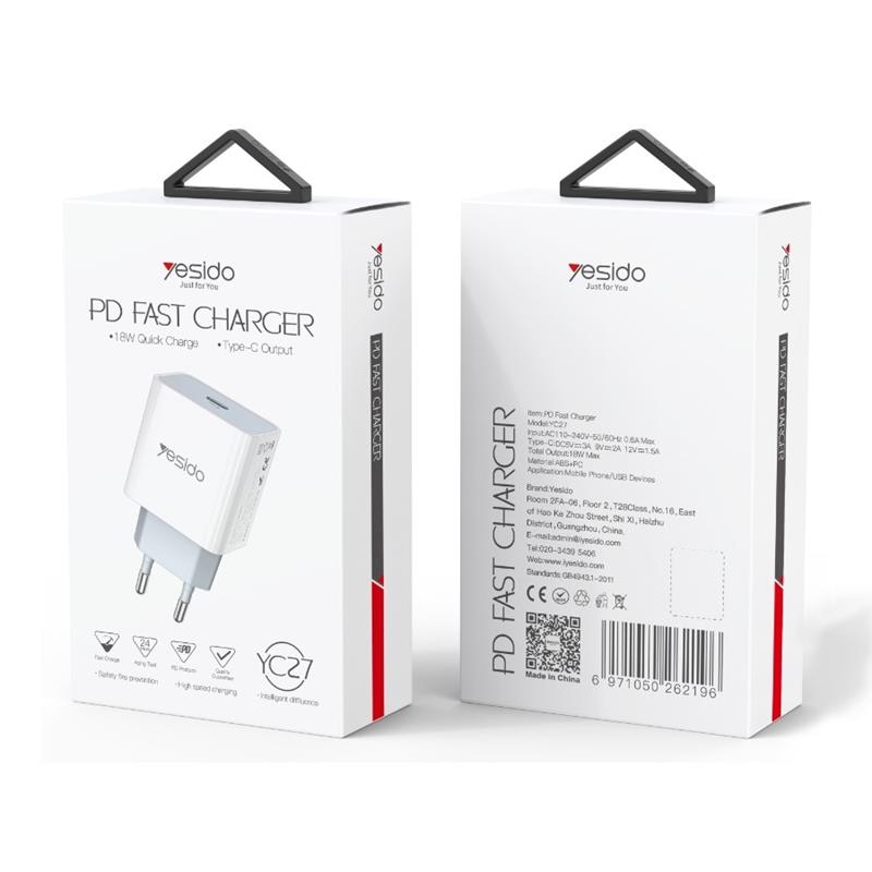 YESIDO WALL ĮKROVIKLIS YC27 PD 18W QC USB-C baltas