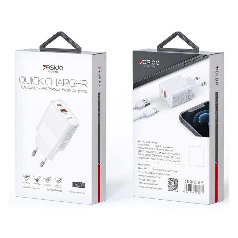 YESIDO WALL ĮKROVIKLIS YC32 PD 20W QC3.0 USB-A+C baltas