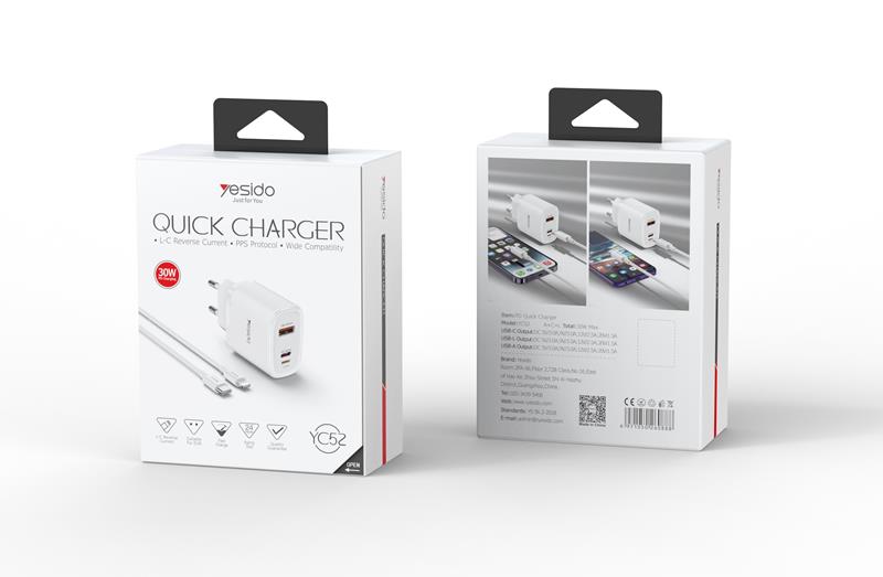 YESIDO WALL ĮKROVIKLIS YC52 PD 30W QC USB-A/C/LIGHTNING + TYPE-C/LIGHTNING LAIDAS 27W 1M baltas