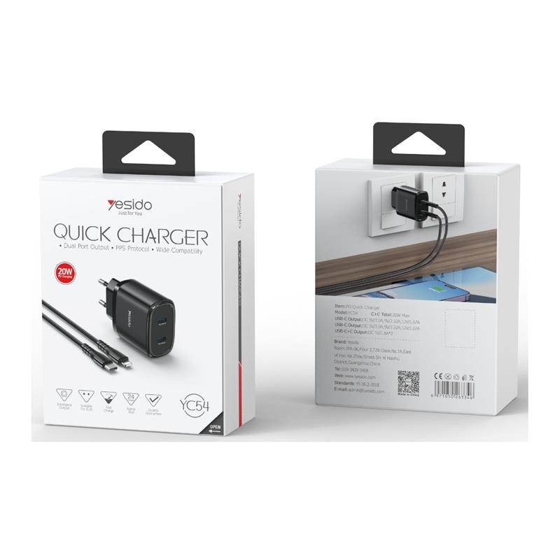 YESIDO WALL ĮKROVIKLIS YC54 PD 20W QC 2xUSB-C + TYPE-C/LIGHTNING LAIDAS 27W 1M juodas