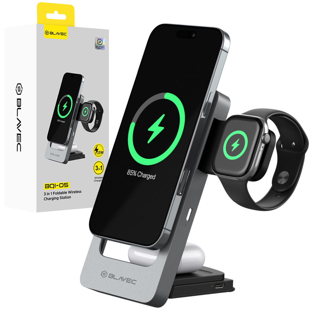 "Blavec" indukcinis įkroviklis BQI-05 Qi 15W magnetinis "Magsafe 3 in 1 UniCharge" (BQI05-QIMS) sidabrinis