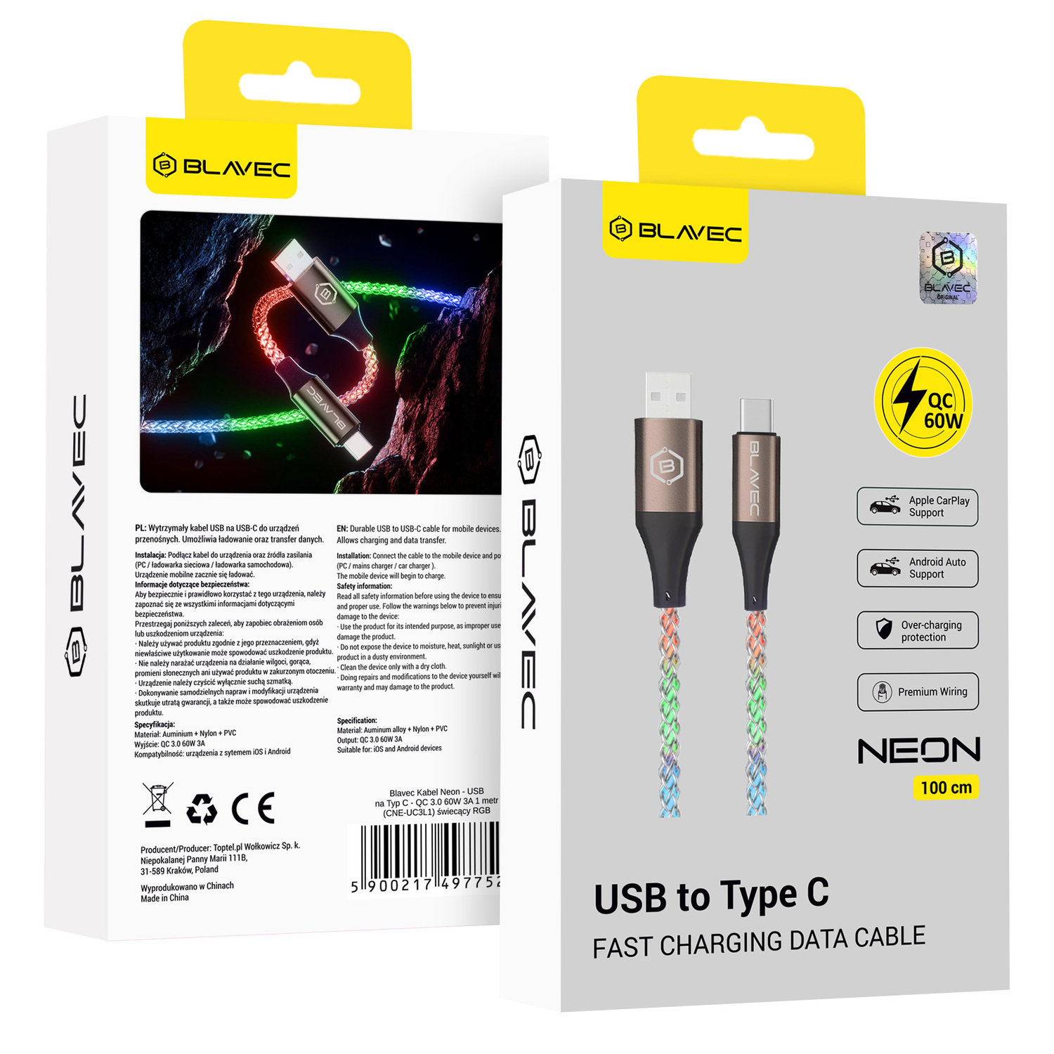 Blavec Kabel Neon - USB na Typ C - QC 3.0 60W 3A 1 metre (CNE-UC3L1) luminous RGB