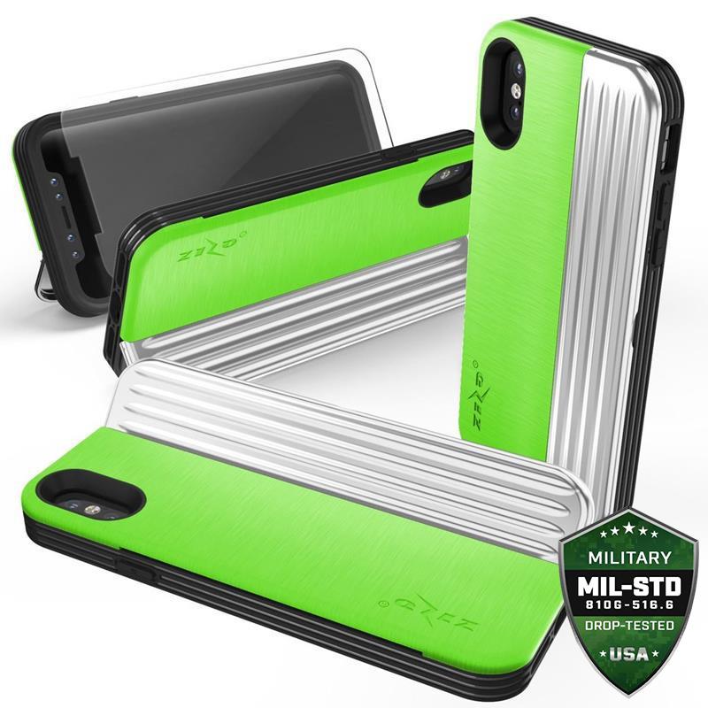 Zizo Retro Series - Wallet Back with Magnetic Closure and Built-In Kickstand iPhone Xs /X (Neon žalias/sidabrinis)