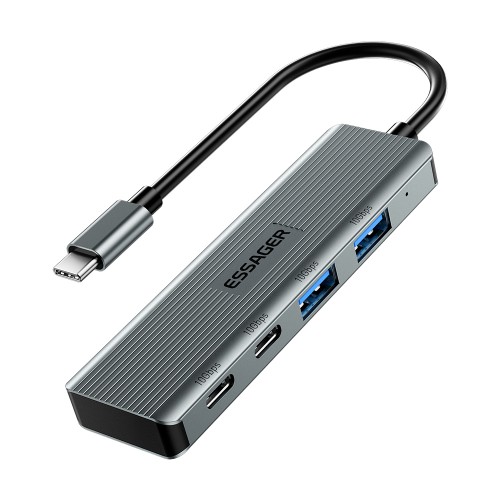 Adapteris Essager "4 in 1" pilkas (In: Type-C, Out: 2xUSB-C and 2xUSB)