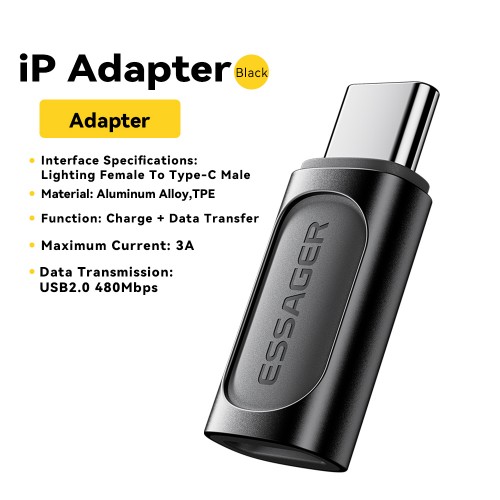 Adapteris Essager "Phantom" juodas (In: Female Lightning / Out: Male Type-C)