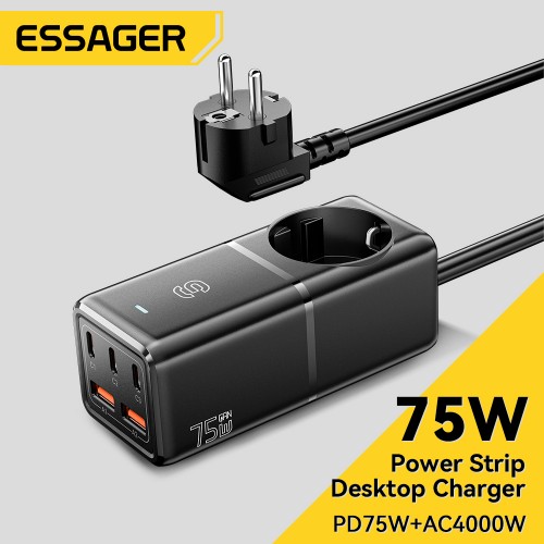 Įkroviklis Essager "Boru GaN" Juodas 75W (3xPD / 2xQC3.0 / 4kW-16A-250V)