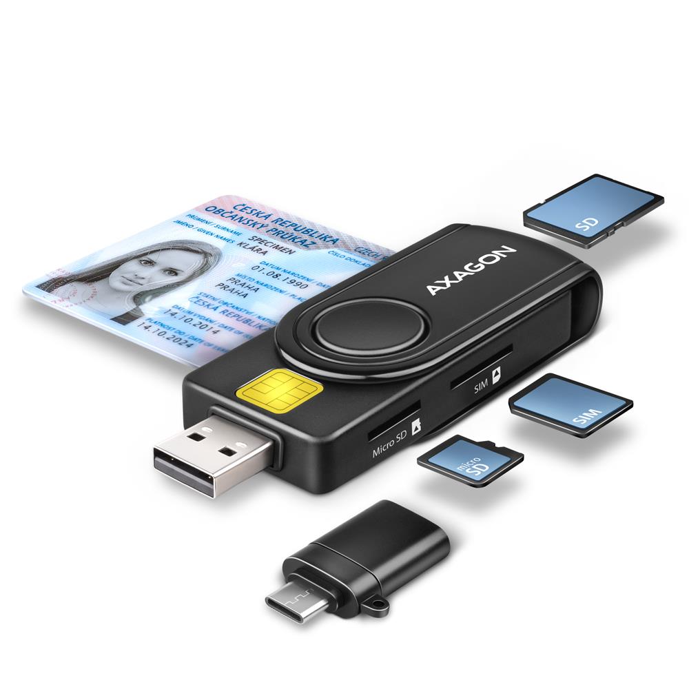 Axagon kortelių skaitytuvas USB-C+USB2.0 4 lizdai SmartCard CRE-SMP2A