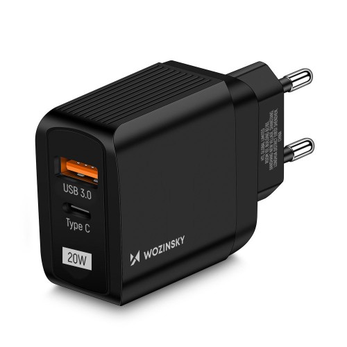 Įkroviklis Wozinsky "GaN" juodas 20W (USB / USB-C)