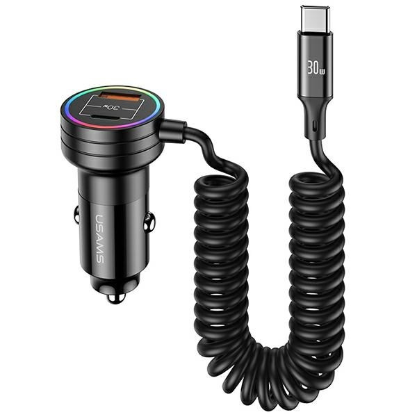 USAMS Automobilinis įkroviklis 2XUSB-C 1XUSB-A C33 60W su spyraliniu laidu FAST CHARGE juodas CC167CC01 (US-CC167)