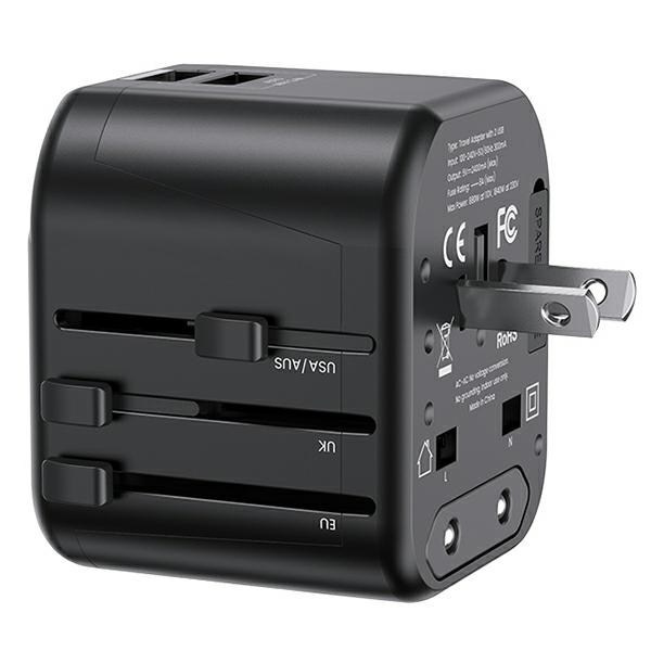 USAMS Tinklo įkroviklis 2XUSB T55 12W ADAPTER 4in1 US/AU/EU/UK juodas CC173TC01 (US-CC173) Universalus kelioninis įkroviklis