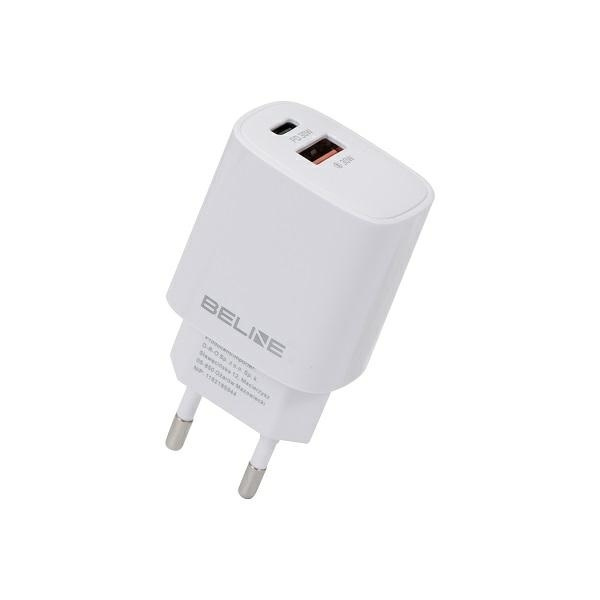 Beline Tinklo įkroviklis 1x USB-C + 1x USB 30W balta (tik galvutė) PD 3.0 + QC 3.0 BLN2CW30 GaN