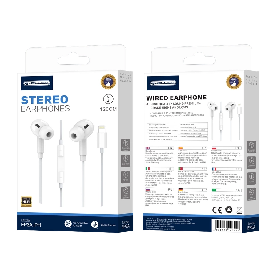 JELLICO laidinės ausinės EP3A Lightning su mikrofonu 1.2M Baltas