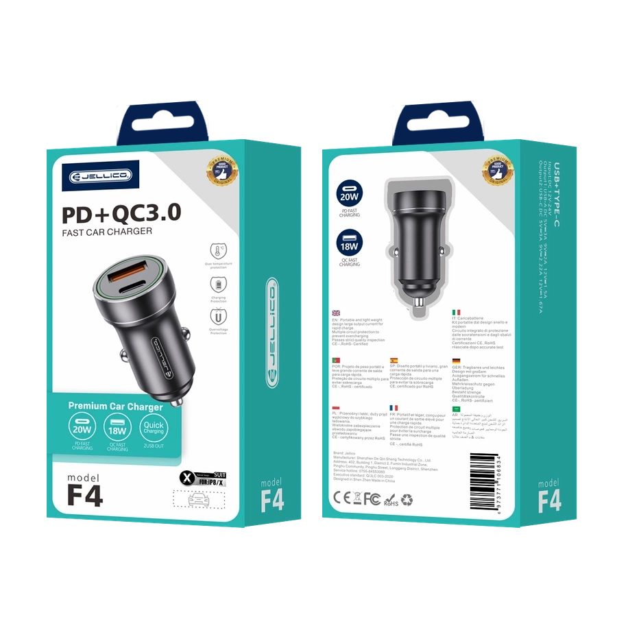 JELLICO automobilinis įkroviklis F4 PD 20W 1xUSB-C + 1xUSB QC3.0 + laidas Lightning Juodas