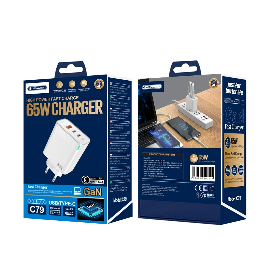 JELLICO tinklinis įkroviklis C79 GaN PD 65W 2xUSB-C + 1xUSB QC3.0 + laidas USB-C - USB-C Baltas