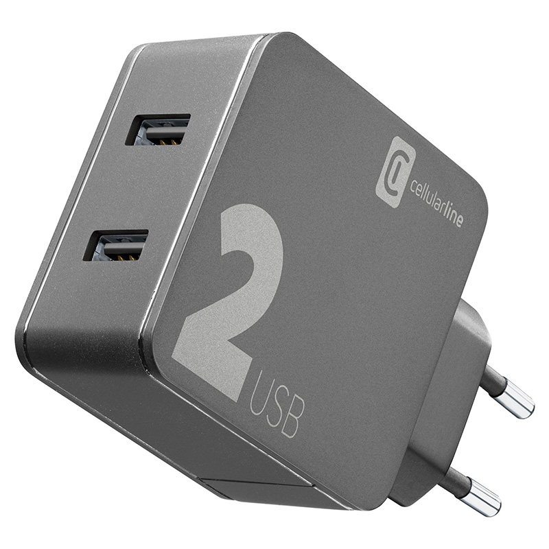 Cellularline Multipower 2 - 2x USB-A 12W + 12W mains įkroviklis (juodas)