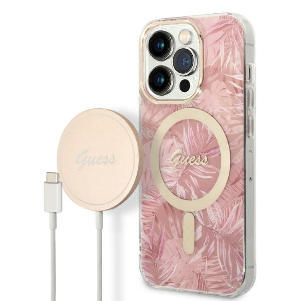 Rinkinys Guess GUBPP14LHJEACSP Dėklas+ Įkroviklis iPhone 14 Pro 6,1" rožinis hard dėklas Jungle MagSafe