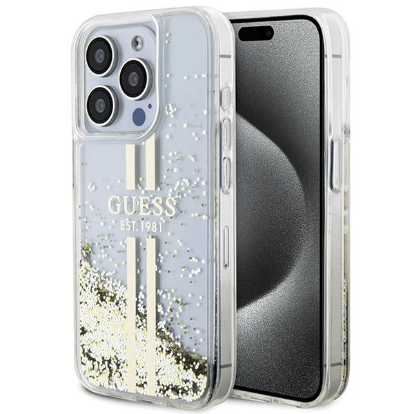 Guess GUHCP15XLFCSEGT iPhone 15 Pro Max 6.7" skaidrus dėklas Liquid Glitter Auksinis Stripes