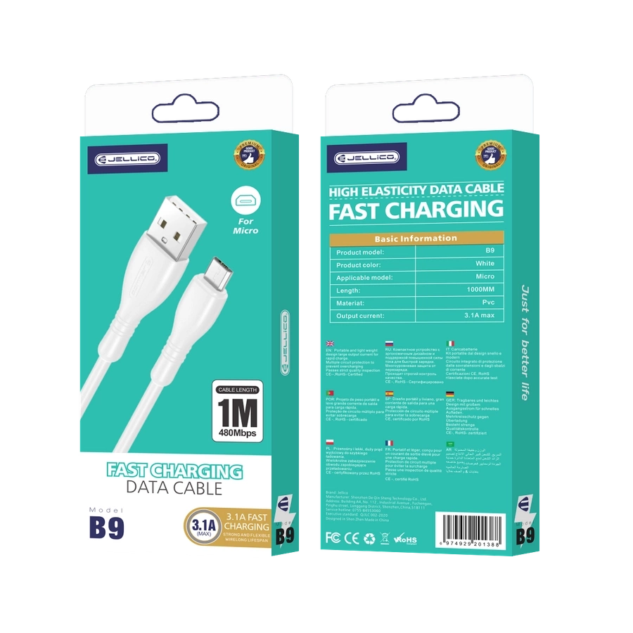 JELLICO laidas B9 Micro USB 3.1A 1M Baltas