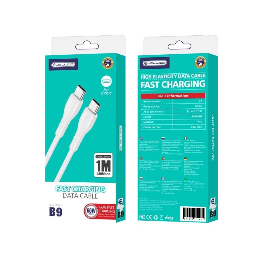 JELLICO laidas B9 USB-C - USB-C PD 66W 1M Baltas