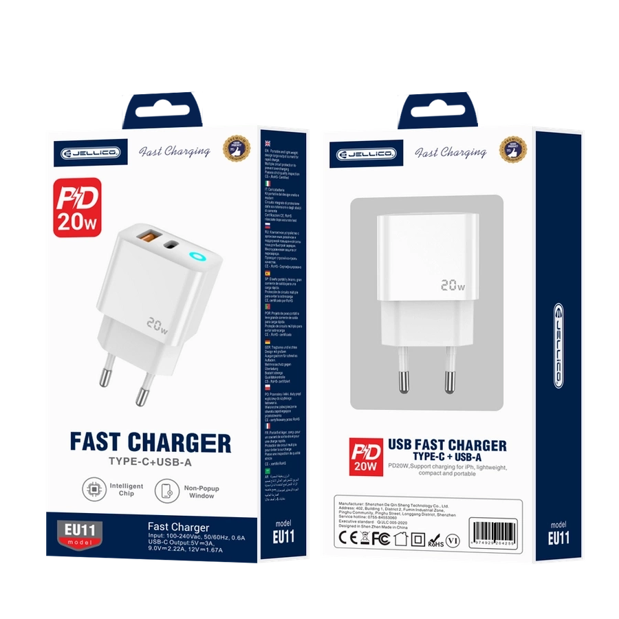 JELLICO tinklinis įkroviklis EU11 PD 20W 1xUSB-C + 1xUSB QC3.0 Baltas