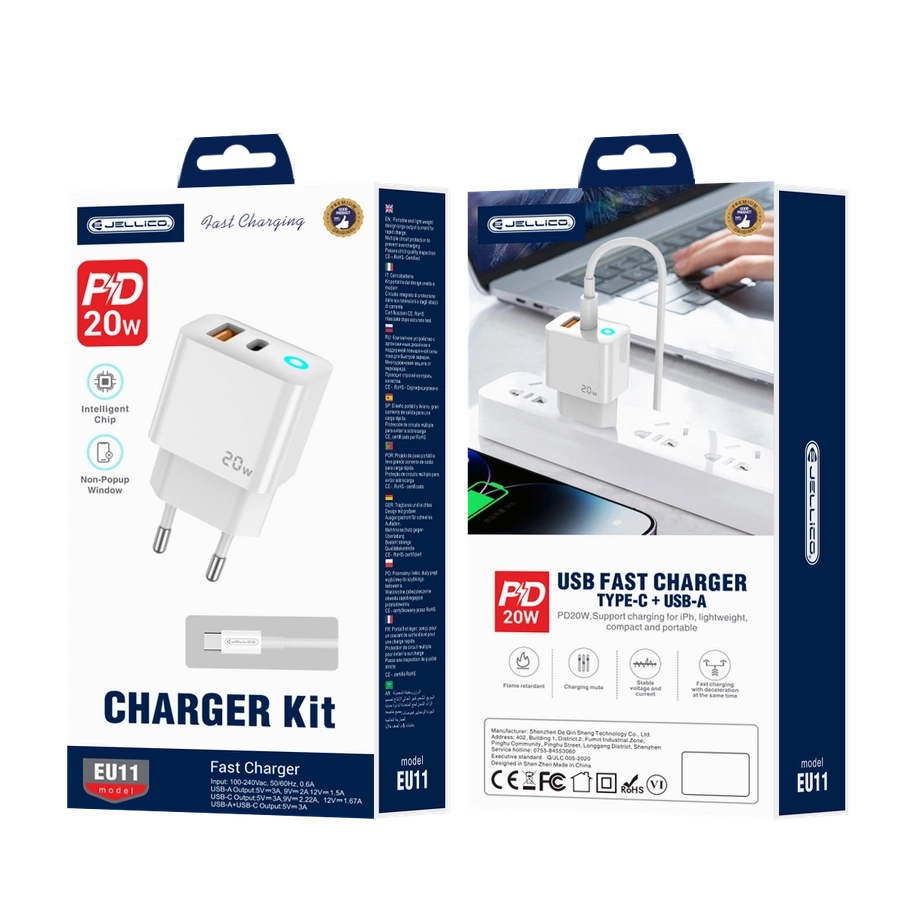 JELLICO tinklinis įkroviklis EU11 PD 20W 1xUSB-C + 1xUSB QC3.0 + laidas USB-C - USB-C Baltas
