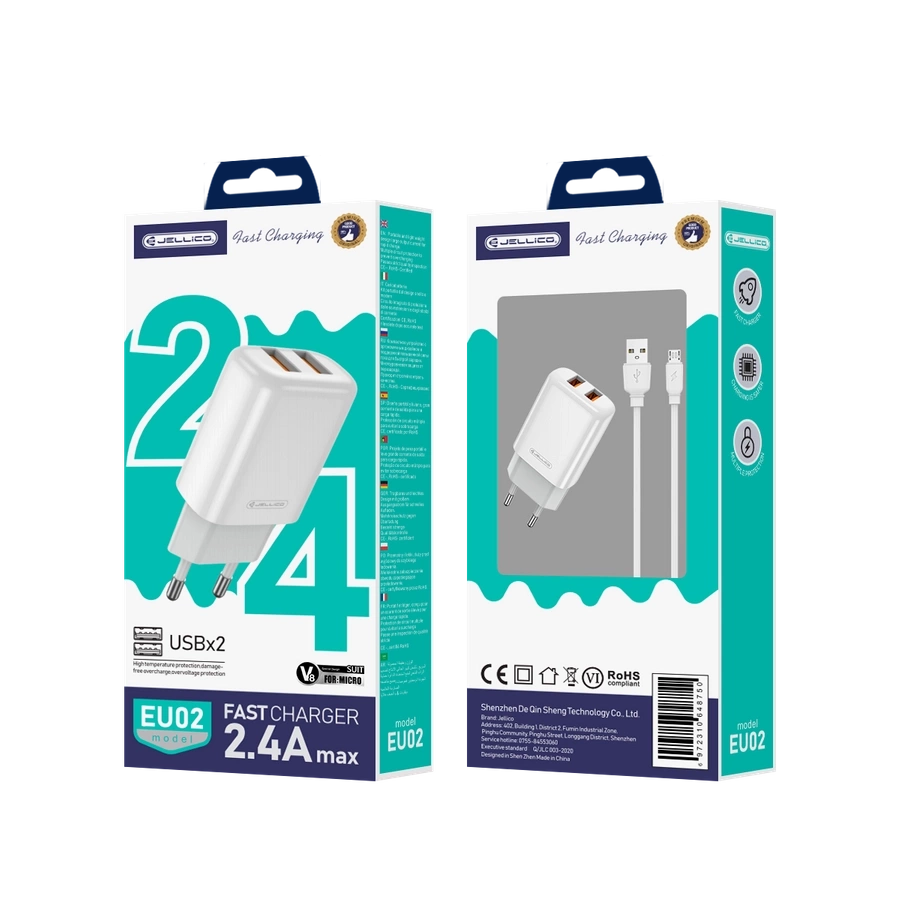 JELLICO tinklinis įkroviklis EU02 2.4A 12W 2xUSB + laidas Micro Baltas