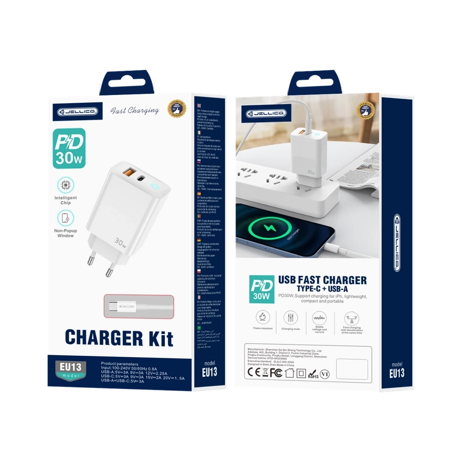 JELLICO tinklinis įkroviklis EU13 GaN PD 30W 1xUSB-C + 1xUSB QC3.0 + laidas USB-C - USB-C Baltas