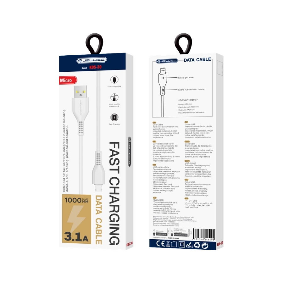 JELLICO laidas KDS-30 Micro USB 3.1A 1M Baltas