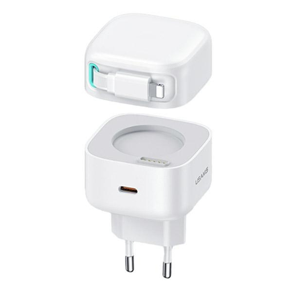 USAMS Tinklo įkroviklis 1xUSB-C su suvyniojamuoju Lightning laidu PD+QC 35W Gan Fast Charging baltas XMF Series CC209TC02 (US-CC209)