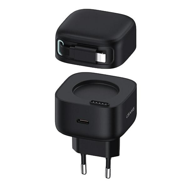 USAMS Tinklo įkroviklis 1xUSB-C su suvyniojamuoju Lightning laidu PD+QC 35W Gan Fast Charging juodas XMF Series CC209TC01 (US-CC209)