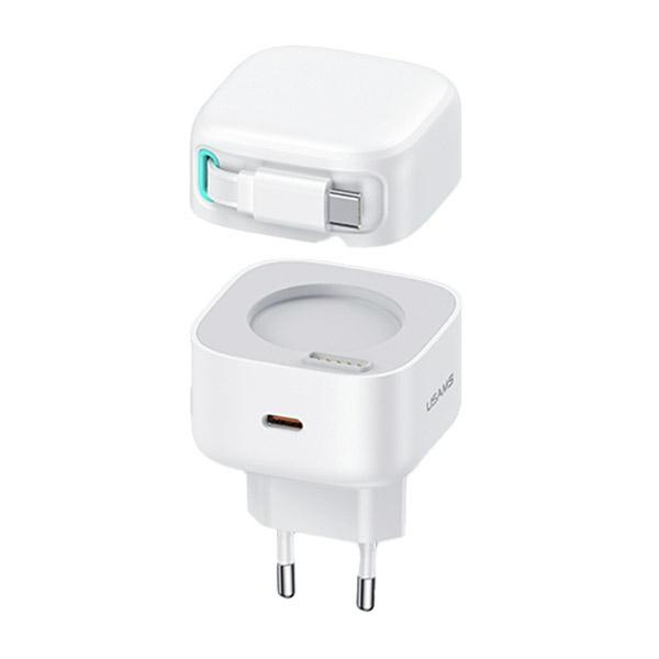 USAMS Tinklo įkroviklis 1xUSB-C su suvyniojamuoju USB-C laidu PD+QC 35W Gan Fast Charging baltas XMF Series CC202TC02 (US-CC202)