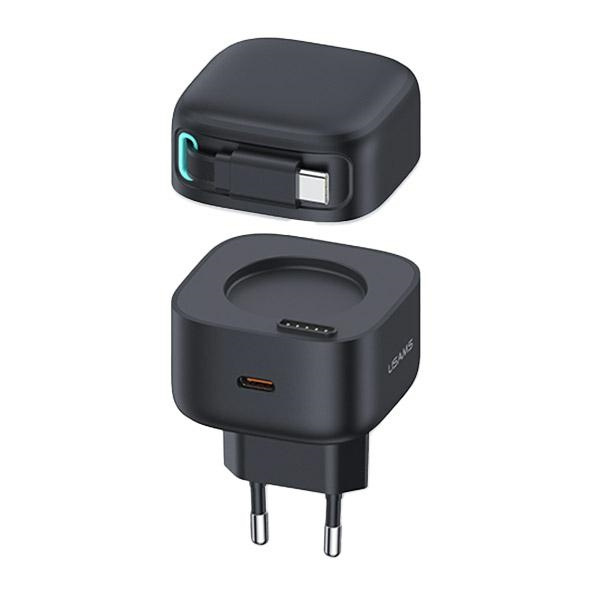 USAMS Tinklo įkroviklis 1xUSB-C su suvyniojamuoju USB-C laidu PD+QC 35W Gan Fast Charging juodas XMF Series CC202TC01 (US-CC202)