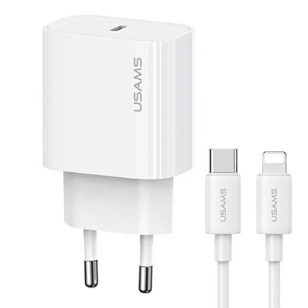 USAMS Tinklo įkroviklis 1xUSB-C T65 PD20W PD Fast Charging US-CC226 + laidas USB-C/Lightning US-SJ712 30W baltas Yi Series OYXLTZ02