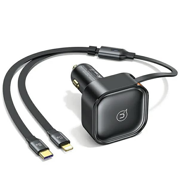 USAMS Automobilinis įkroviklis su suvyniojamuoju laidu 1xUSB-C+1x Lightning C41 PD 30W Fast Charge juodas CC219CC01 (US-CC219)
