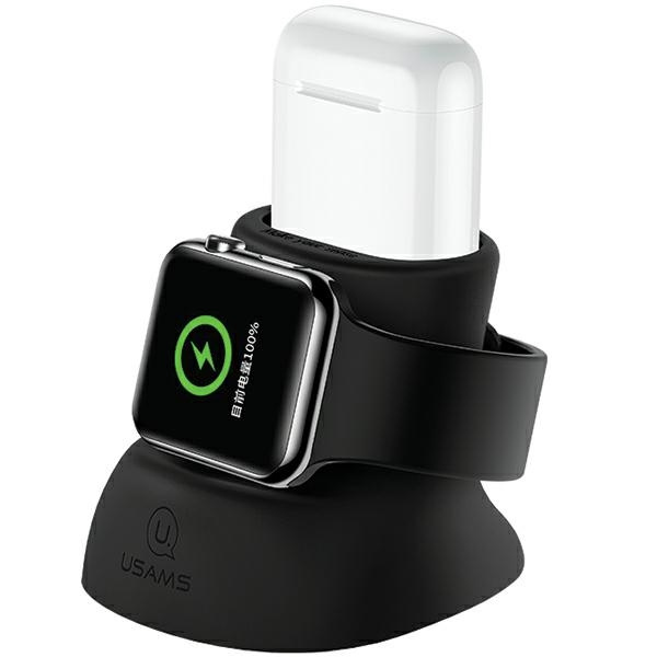 USAMS Silikoninis 2in1 įkrovimo stovas Apple Watch i AirPods juodas ZJ51ZJ01 (US-ZJ051)