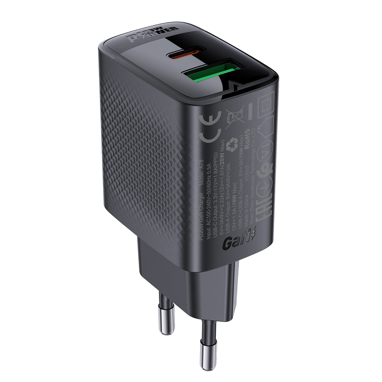 "Acefast A78" įkroviklio tinklas GaN USB-A / USB-C PD 20 W - juodas
