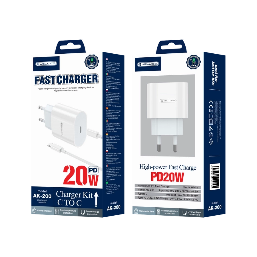 JELLICO sieninis įkroviklis AK200 PD 20W 1xUSB-C + laidas USB-C - USB-C Baltas