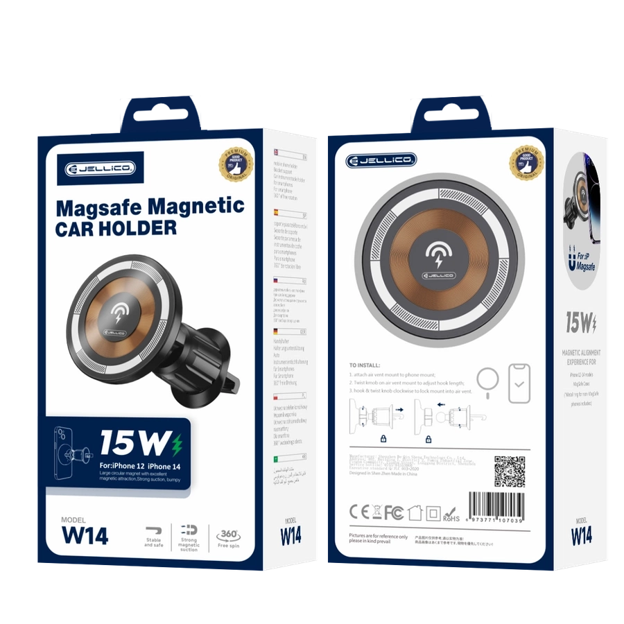 JELLICO automobilinis laikiklis Magsafe su belaidžiu įkrovimu W14 15W Juodas