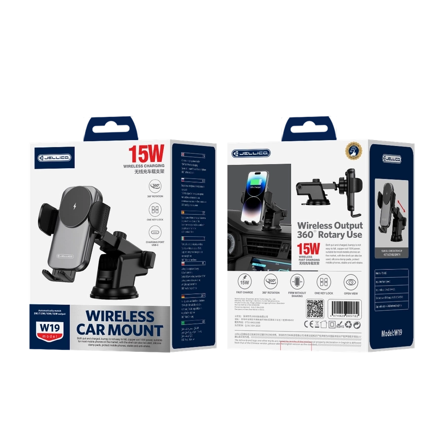 JELLICO automobilinis laikiklis su belaidžiu įkrovimu W19 15W Juodas