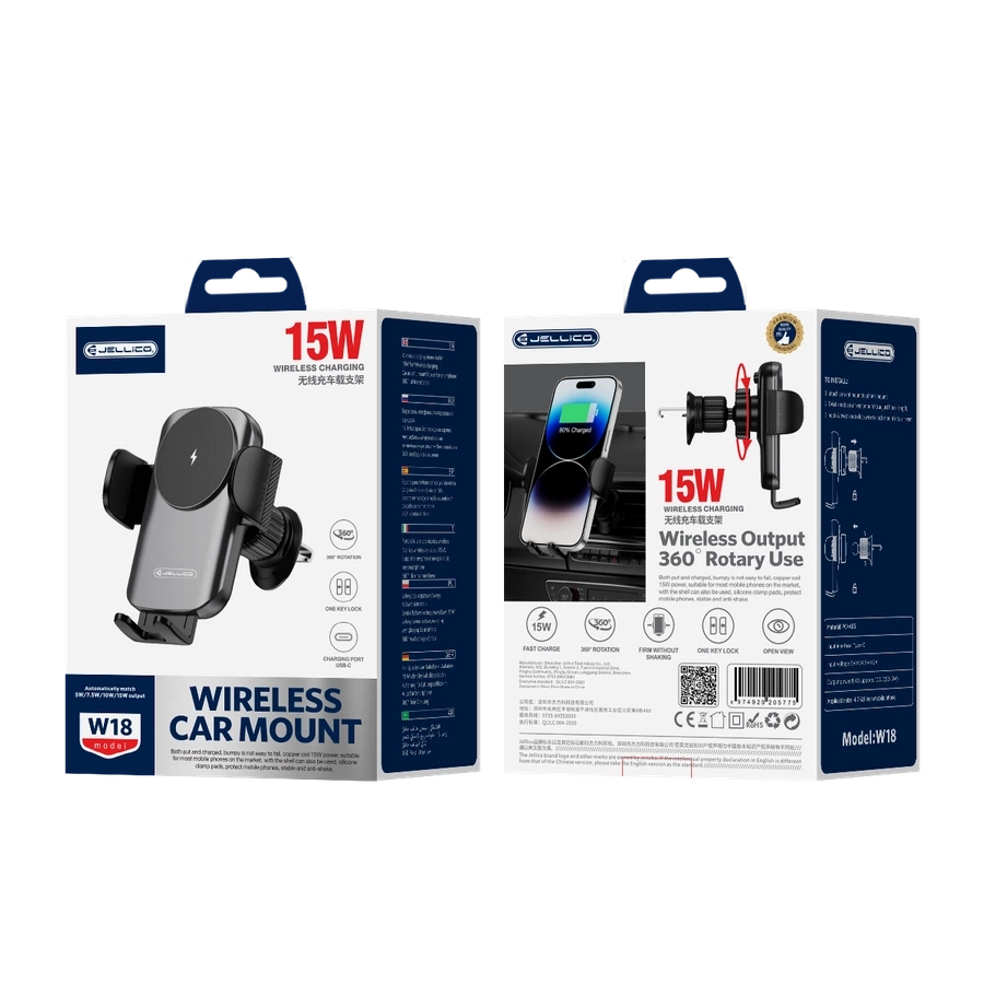 JELLICO automobilinis laikiklis su belaidžiu įkrovimu W18 15W Juodas