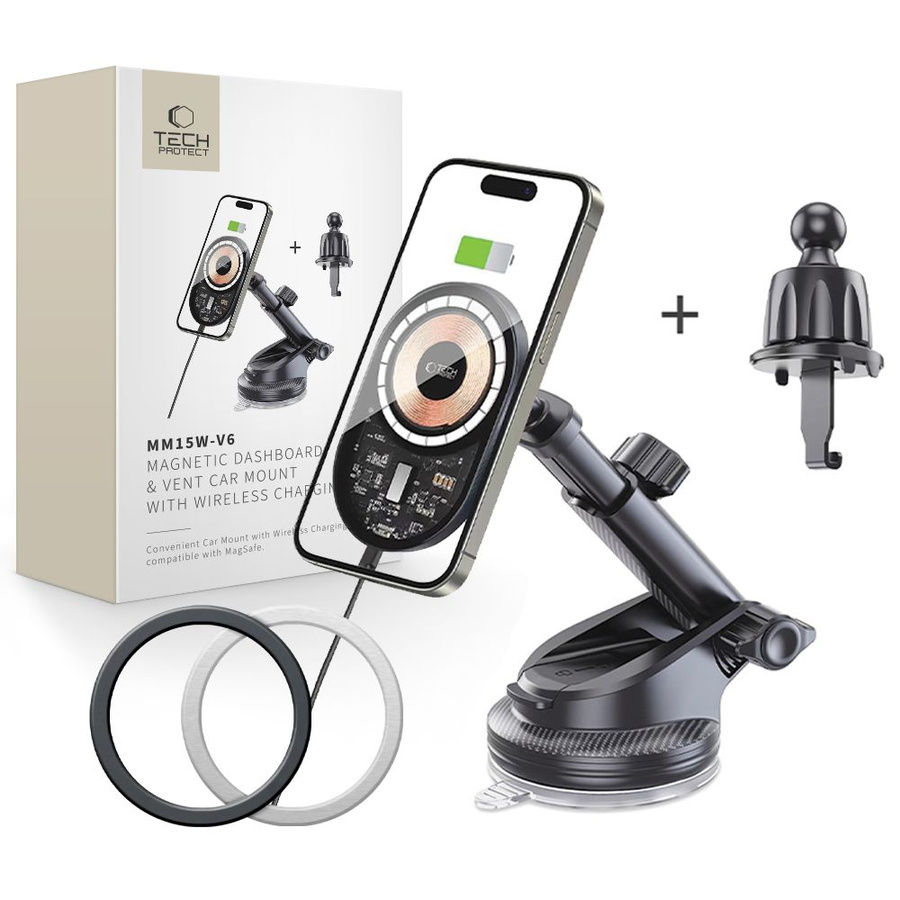 TECH-PROTECT MM15W-V6 MAGNETINIS MAGSAFE PRIETAISŲ SKYDELIO IR VENTILIACIJOS AUTOMOBILINIS LAIKIKLIS BELAIDIS ĮKROVIKLIS 15W JUODAS