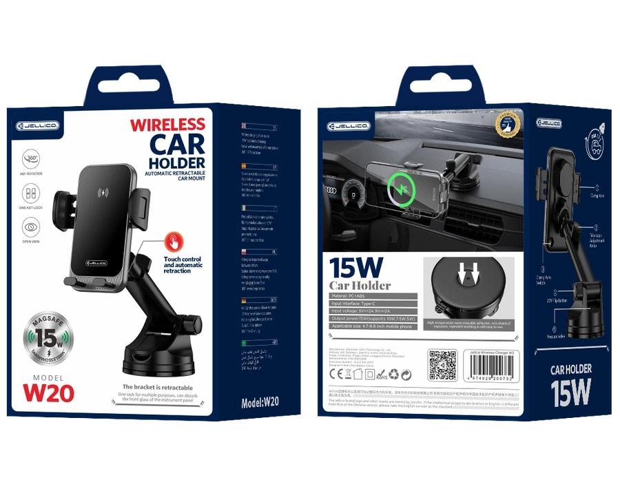 JELLICO automobilinis laikiklis su belaidžiu įkrovimu W20 15W Juodas