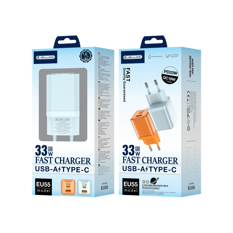 JELLICO sieninis įkroviklis EU55 GaN PD 33W 1xUSB-C + 1xUSB QC3.0 Mėlynas