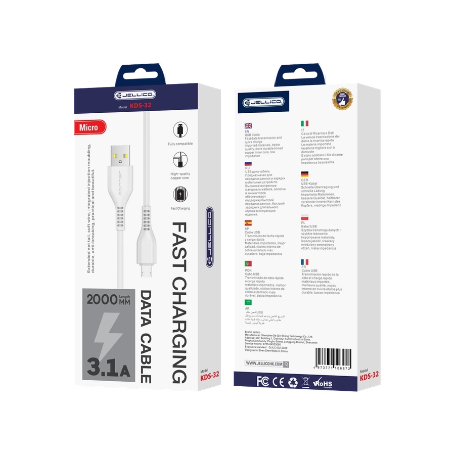 JELLICO laidas KDS-32 Micro USB 3.1A 2M Baltas